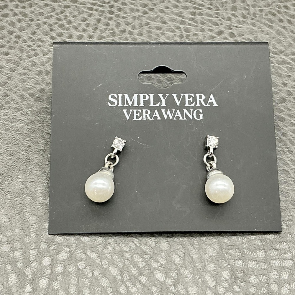 Simply Vera Vera Wang Earrings Silver Tone White Pearl Dangle Drop Womens 3/4"